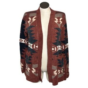 JODIFL Womens Southwestern Aztec Open Front Cardigan Sweater Rust Orange Small